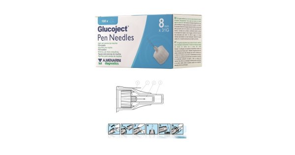 Glucoject Pen Needles 8mm 31G - 100 Aghi Sterili per Penna da Insulina