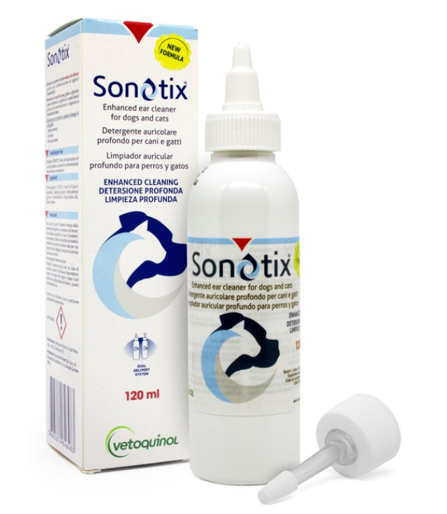 SONOTIX DETERGENTE AURICOLARE PROFONDO CANI E GATTI FLACONE120 ML + CANNULA CORTA RIGIDA + CANNULA LUNGA FLESSIBILE