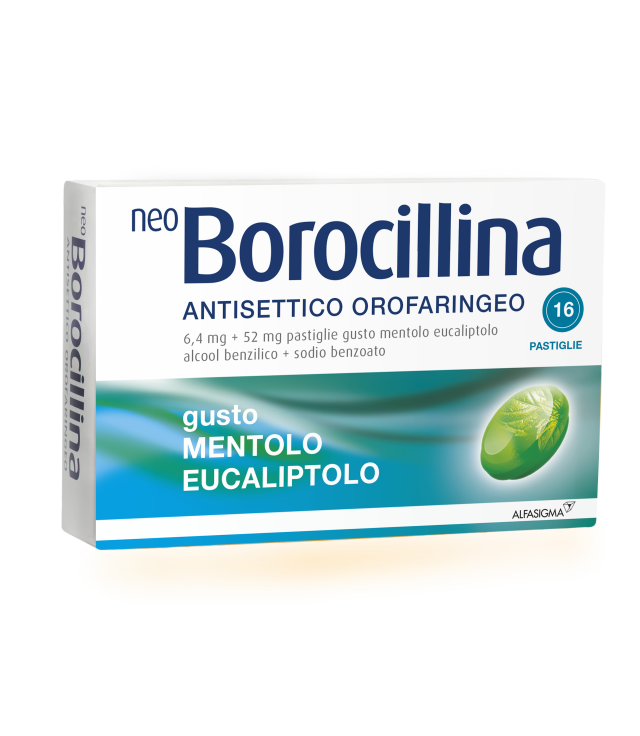 NEOBOROCILLINA ANTISETTICO OROFARINGEO*16 pastiglie 6,4 mg +52 mg mentolo eucaliptolo